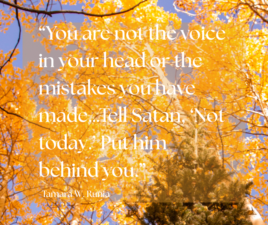 Quote image," You are not the voice in your head or the mistakes you have made...Tell Satan, 'Not today.' Put him behind you."